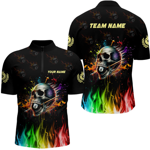 Funny Billiard Colorful Skull Personalized Men Quarter-Zip Shirts Billiard Attire For Team TDM1066
