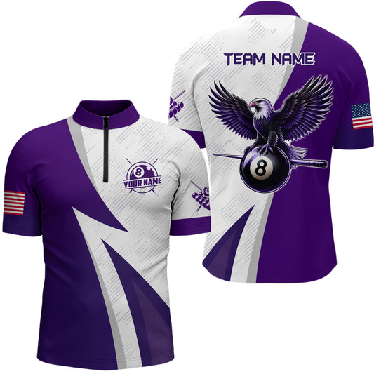Personalized Purple Billiards Pool Men Quarter-Zip Shirts, 8 Ball Pool Eagle Billiard Jerseys TDM1069