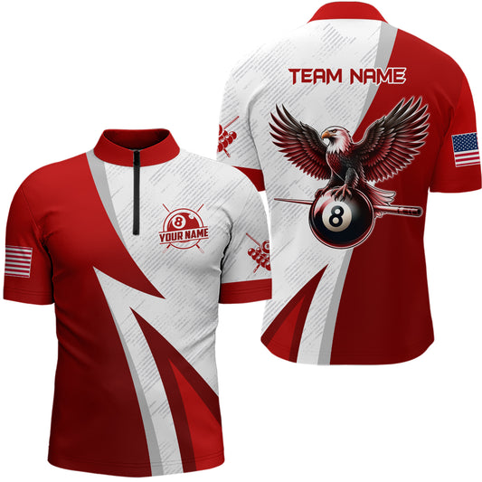 Personalized Red Billiards Pool Men Quarter-Zip Shirts, 8 Ball Pool Eagle Billiard Jerseys TDM1070