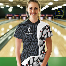 Load image into Gallery viewer, Woman wearing a blue tribal pattern bowling quarter zip jersey during league competition front view.