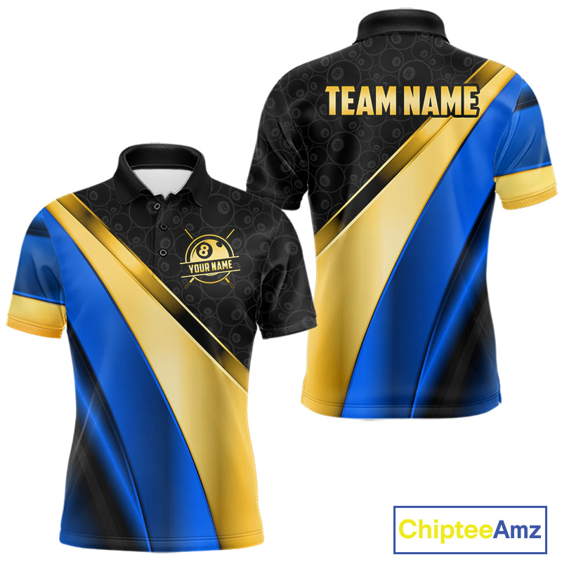 Personalized Blue And Gold 8 Ball Pool Billiard Jersey For Men, Billiard Tournament Team Shirts TDM7164