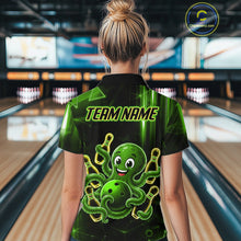 Load image into Gallery viewer, Woman wearing green funny neon octopus bowling polo shirt back view.