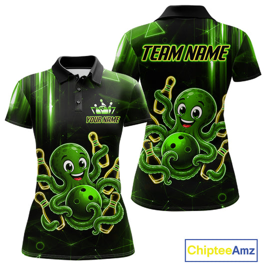 Green funny neon octopus bowling team jersey polo shirt for women, custom bowling league apparel with vibrant octopus design.