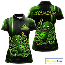 Load image into Gallery viewer, Green funny neon octopus bowling team jersey polo shirt for women, custom bowling league apparel with vibrant octopus design.