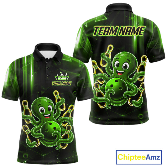 Green funny neon octopus bowling team jersey polo shirt for men, custom bowling league apparel with vibrant octopus design.