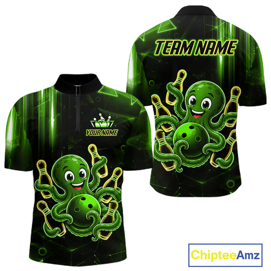 Green funny neon octopus bowling team quarter zip shirt for men, custom bowling league jersey with neon octopus artwork.