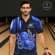 Load image into Gallery viewer, Man wearing red grim reaper thunder lightning bowling Hawaiian shirt front view.