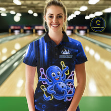 Load image into Gallery viewer, Woman wearing blue funny neon octopus bowling polo shirt front view.
