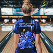 Load image into Gallery viewer, Woman wearing blue funny neon octopus bowling polo shirt back view.
