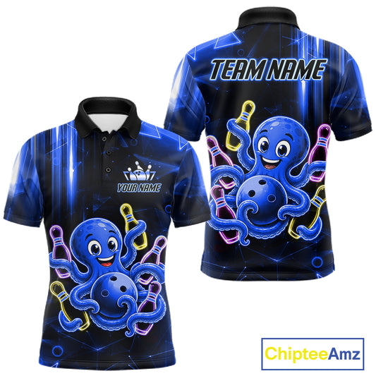 Blue funny neon octopus bowling team jersey polo shirt for men, custom bowling league apparel with vibrant octopus design.
