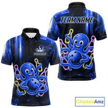 Load image into Gallery viewer, Blue funny neon octopus bowling team jersey polo shirt for men, custom bowling league apparel with vibrant octopus design.