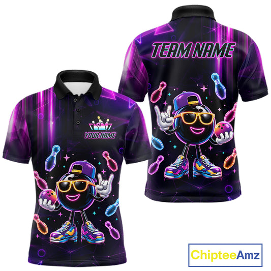 Funny neon bowling ball bowling team jersey polo shirt for men, custom bowling league apparel with colorful glowing bowling ball design.