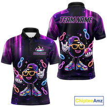 Load image into Gallery viewer, Funny neon bowling ball bowling team jersey polo shirt for men, custom bowling league apparel with colorful glowing bowling ball design.