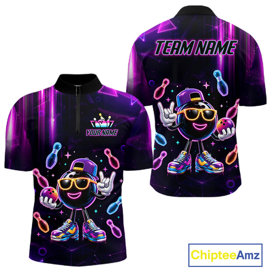 Funny neon bowling ball bowling team quarter zip shirt for men, custom bowling league jersey with neon bowling artwork.
