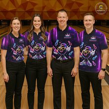 Load image into Gallery viewer, Bowling team wearing matching funny neon bowling ball bowling jerseys front view.