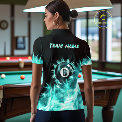 Turquoise Icy Light 8 Ball Pool Billiard Polo & 1/4 Zip For Women Custom Billiard Team Jerseys  TDM5689