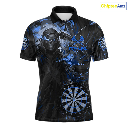 Custom Black And Blue Splatter Grim Reaper Men Darts Polo Shirt Cracked Dart Jerseys NYN2794