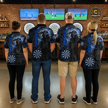Custom Black And Blue Splatter Grim Reaper Men Darts Polo Shirt Cracked Dart Jerseys NYN2794