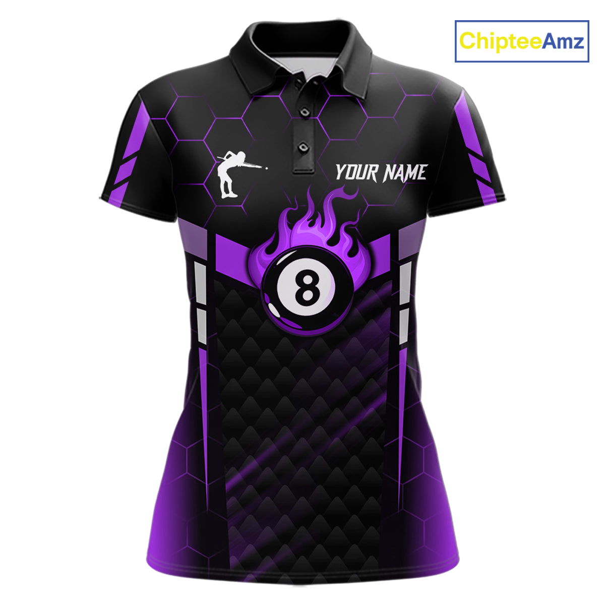 Personalized Purple 8 Ball Flame Billiard Polo & Quarter Zip For Women, 8 Ball Pool Team Jersey TDM6039