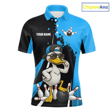 Load image into Gallery viewer, Custom Black And Blue Funny Duck Bowling Shirts For Men, Bowling Team Jersey Polo &amp; 1/4 Zip TDM6292