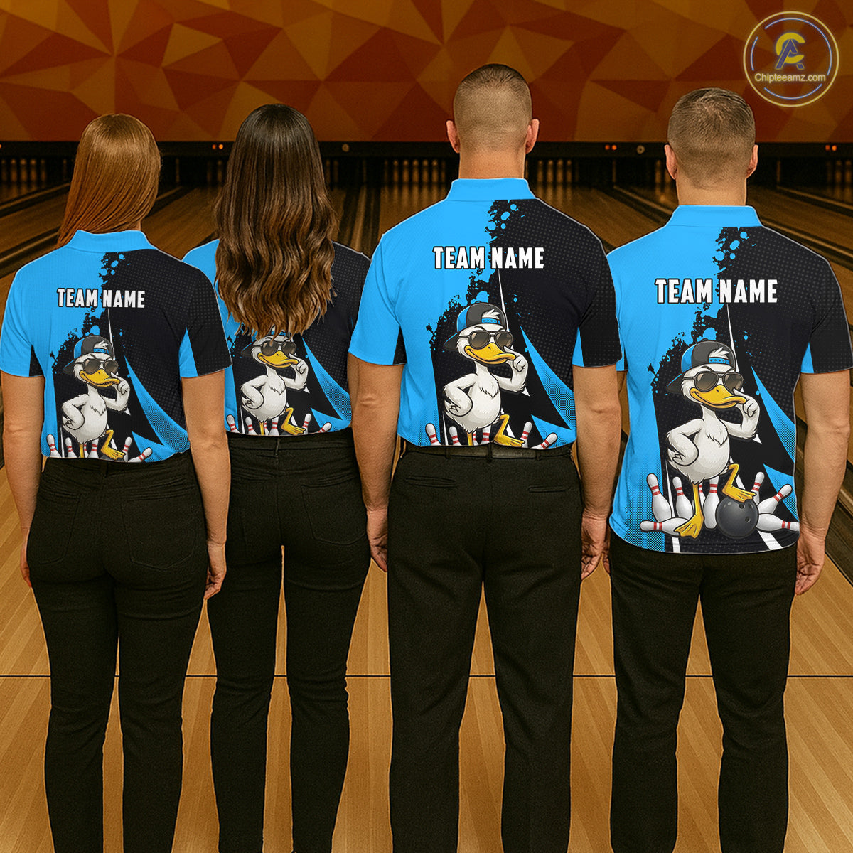 Custom Black And Blue Funny Duck Bowling Shirts For Women, Bowling Team Jersey Polo & 1/4 Zip TDM6292