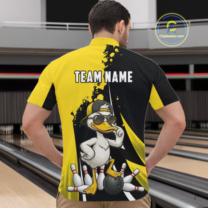 Custom Yellow Black Funny Duck Bowling Shirts For Men, Bowling Team Jersey Polo & 1/4 Zip TDM6293
