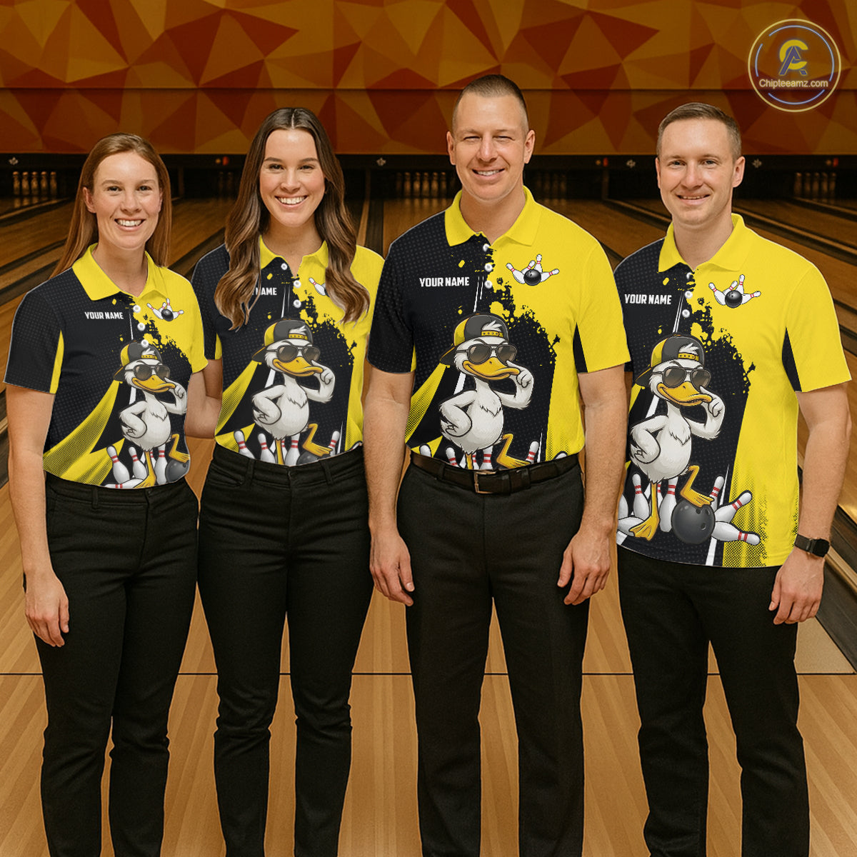 Custom Yellow Black Funny Duck Bowling Shirts For Men, Bowling Team Jersey Polo & 1/4 Zip TDM6293