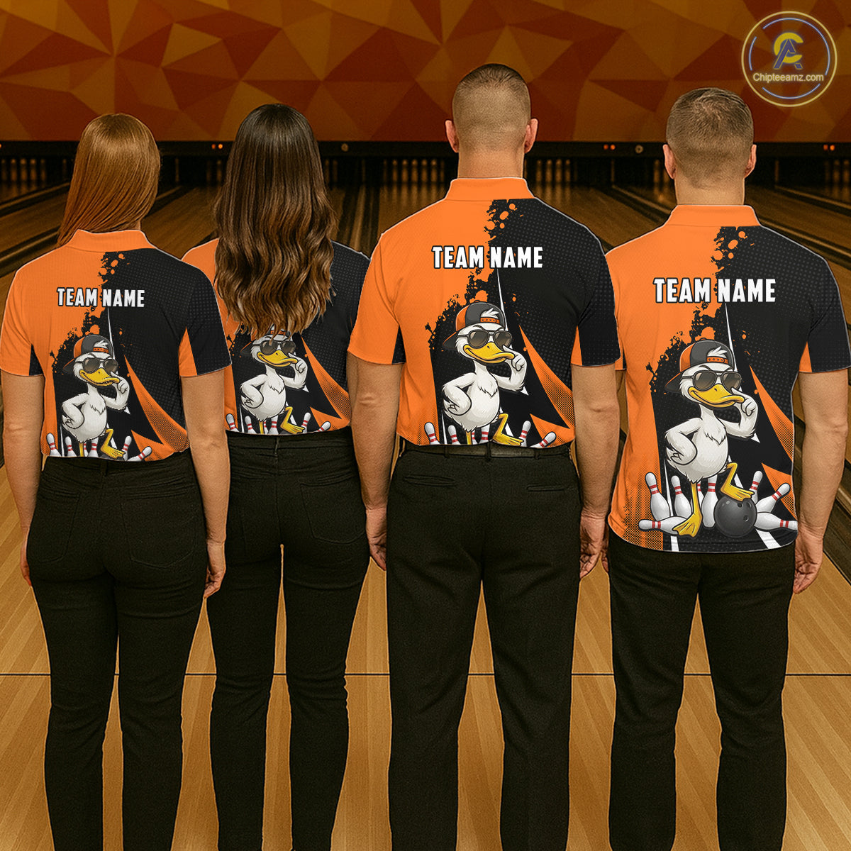 Custom Black And Orange Funny Duck Bowling Shirts For Women, Bowling Team Jersey Polo & 1/4 Zip TDM6294
