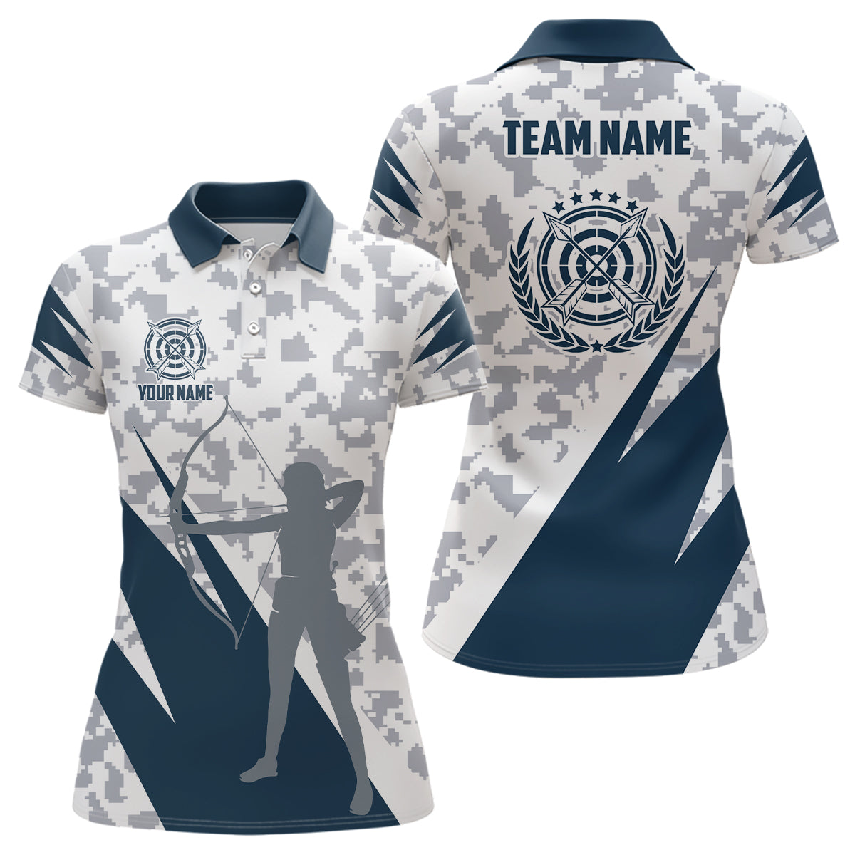 Personalized Blue Grey Digital Camo Archery Polo Shirts For Women Custom Team Name Archery Jerseys TDM0541