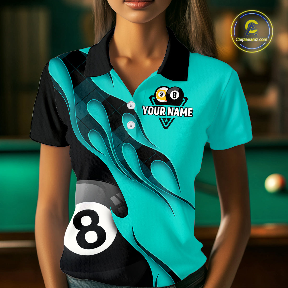 Black And Turquoise Billiard 8 Ball & 9 Ball Pool Shirt For Women Custom Billiard Team Jersey TDM5164