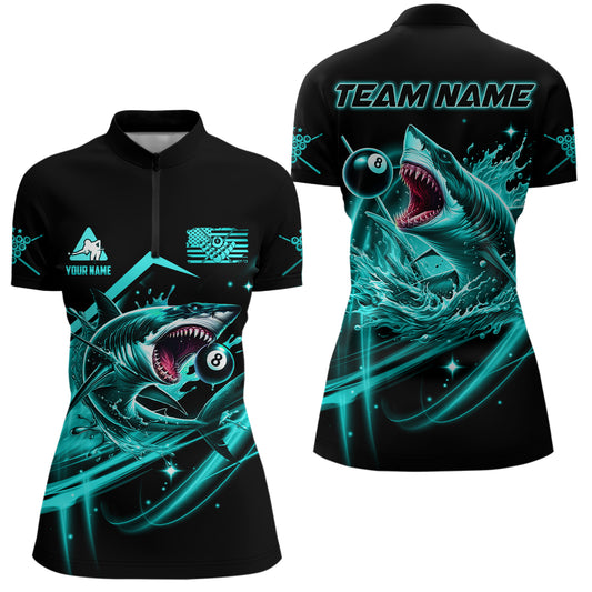 Turquoise 8 Ball Pool Billiard Shark Polo & Quarter Zip For Women Custom Team League Billiard Jersey TDM3408