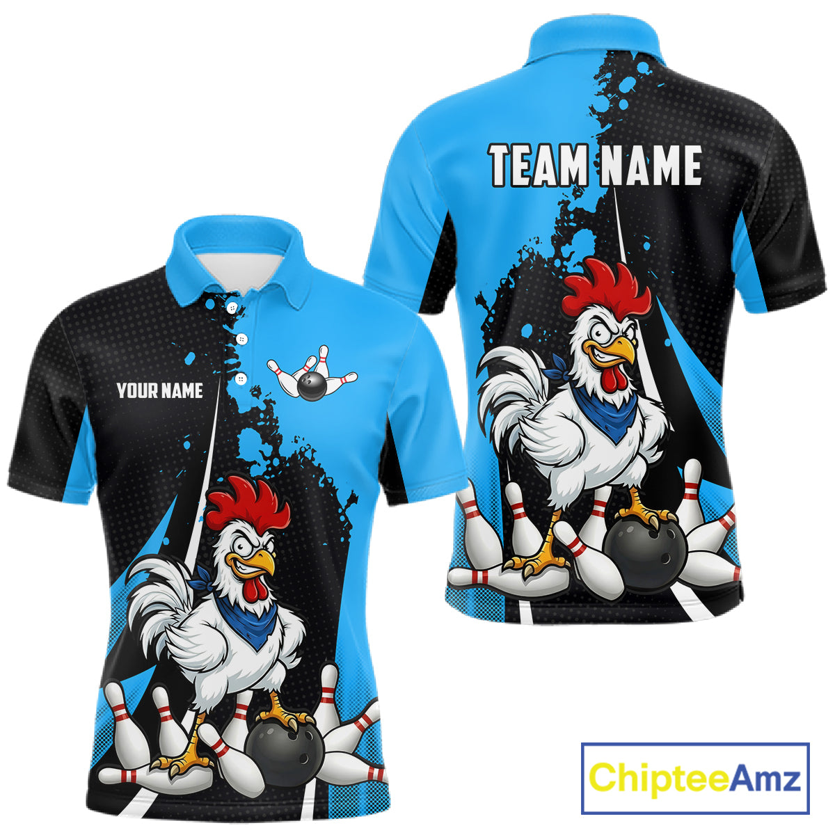 Custom Black And Blue Funny Chicken Bowling Shirts For Men, Bowling Team Jersey Polo & 1/4 Zip TDM6301