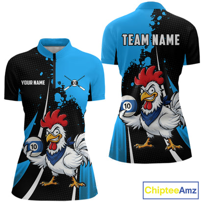 Black And Blue Funny Chicken 10 Ball Billiard Shirt For Women Custom Pool Team Jersey Polo & 1/4 Zip TDM6302