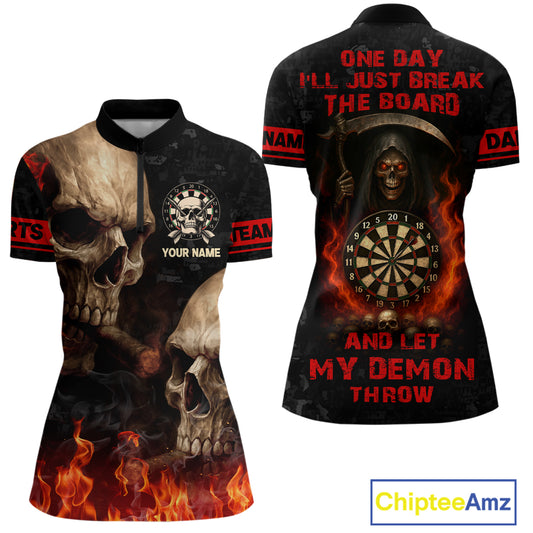 Let My Demon Throw Funny Dart Shirt For Women Custom Flame Skull Darts Team Jersey Polo & 1/4 Zip TDM4166