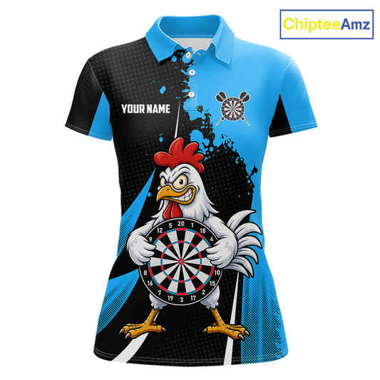 Blue Funny Chicken Darts Shirts For Women Custom Rooster Darts Team Jersey Polo & Quarter Zip TDM7199