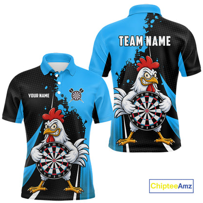 Blue Funny Chicken Darts Shirts For Men Custom Rooster Darts Team Jersey Polo & Quarter Zip TDM7199