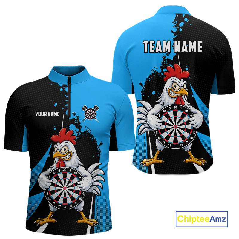 Blue Funny Chicken Darts Shirts For Men Custom Rooster Darts Team Jersey Polo & Quarter Zip TDM7199