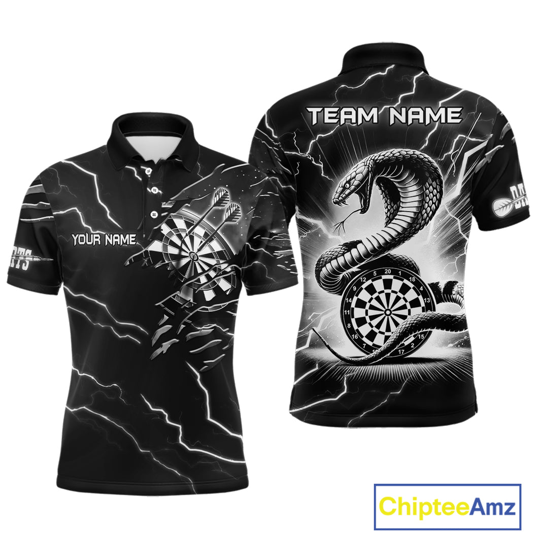 Custom Men's Dart Shirt – Black & White Lightning Cobra Design – Personalized Dart Team Jersey TDM3882