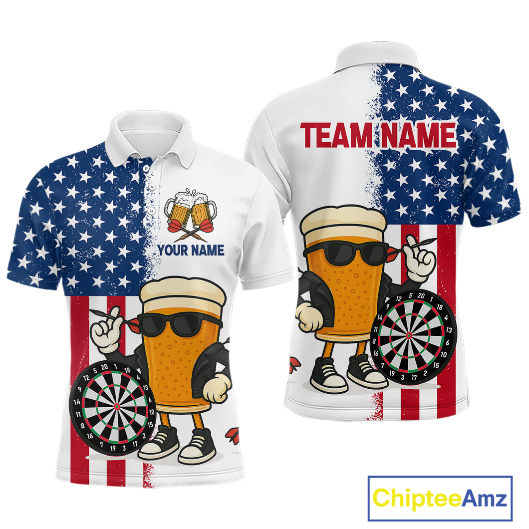 Funny Beer American Flag Dart Shirts For Men Custom Patriotic Darts Team Jerseys Polo & 1/4 Zip TDM4177