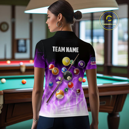 Purple Billiard Jersey For Women Custom Thunder Lightning 3D Pool Balls Team Jersey Polo & 1/4 Zip TDM4563