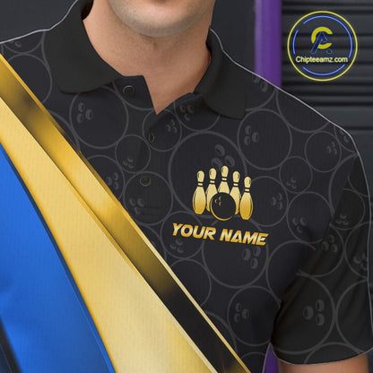 Custom Blue And Gold Bowling Shirts For Men, Bowling League Team Jersey Bowling Tournament Shirts TDM7212