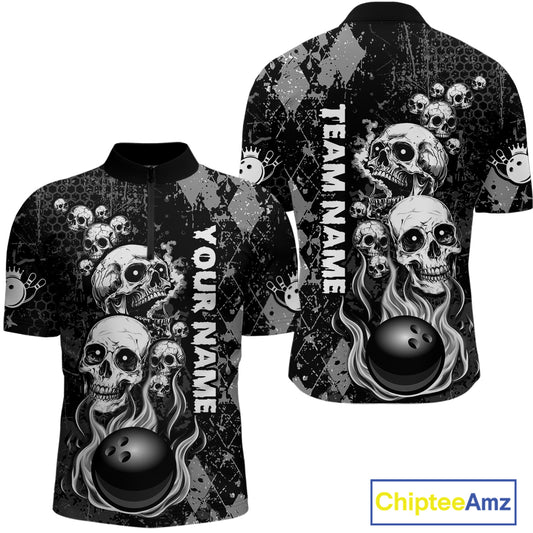 Black Grey Grunge Argyle Skull Bowling Shirt For Men Custom Bowling Team Jersey Polo & 1/4 Zip TDM4773