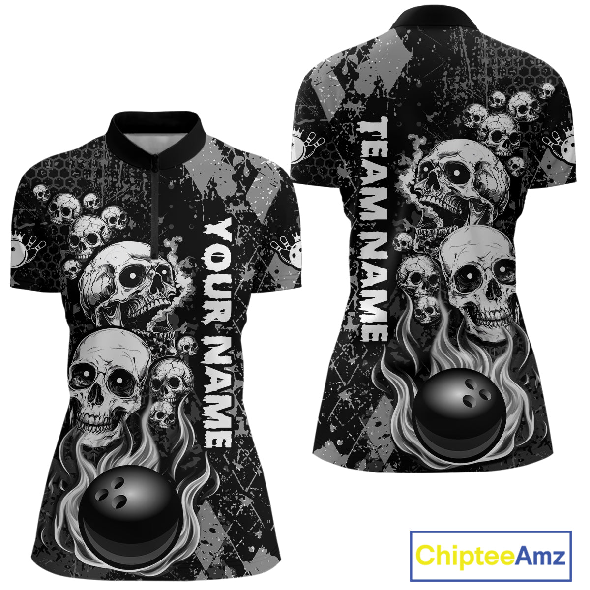 Black Grey Grunge Argyle Skull Bowling Shirt For Women Custom Bowling Team Jersey Polo & 1/4 Zip TDM4773