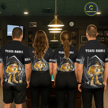 Load image into Gallery viewer, Billiard team wearing matching funny silver 9 ball pool team jerseys featuring playful billiard graphics, back view.