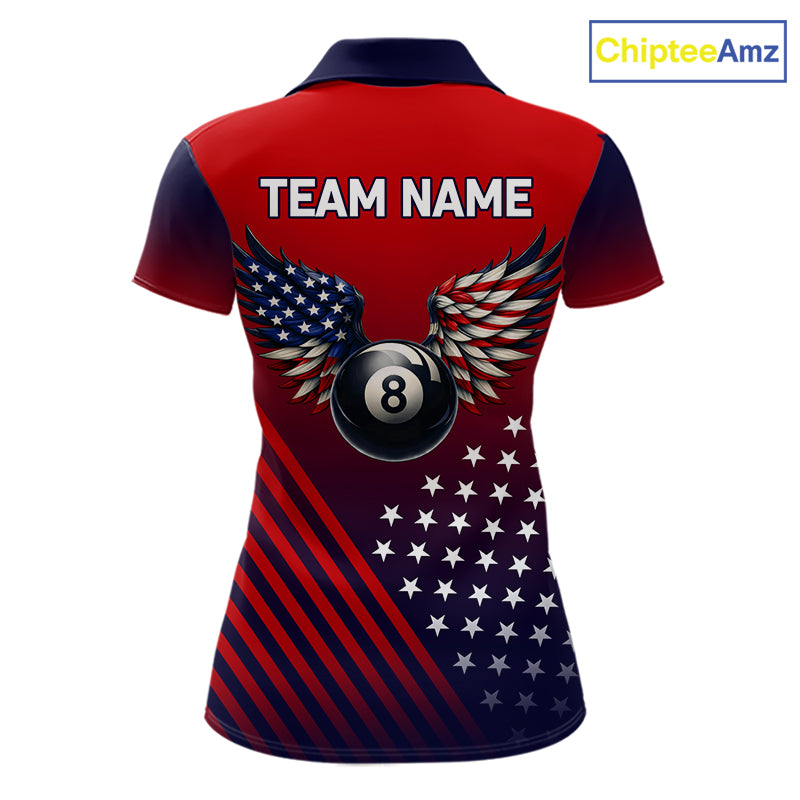 Personalized 8 Ball Wings American Flag Billiard Shirts For Women Custom Patriotic Pool Team Jersey TDM7222
