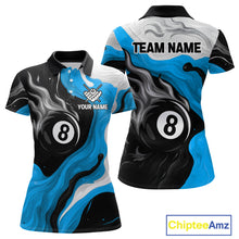 Load image into Gallery viewer, Personalized Black, Blue And White 8 Ball Flame Billiard Shirt For Women Custom Pool Team Jerseys TDM4189