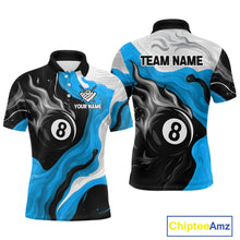 Load image into Gallery viewer, Personalized Black, Blue And White 8 Ball Flame Billiard Shirt For Men Custom Pool Team Jerseys TDM4189