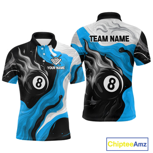 Personalized Black, Blue And White 8 Ball Flame Billiard Shirt For Men Custom Pool Team Jerseys TDM4189