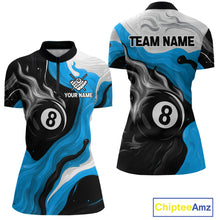 Load image into Gallery viewer, Personalized Black, Blue And White 8 Ball Flame Billiard Shirt For Women Custom Pool Team Jerseys TDM4189