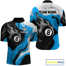Load image into Gallery viewer, Personalized Black, Blue And White 8 Ball Flame Billiard Shirt For Men Custom Pool Team Jerseys TDM4189